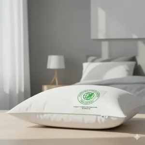 An image showing an ethical sourcing certification tag on a down pillow, highlighting responsible manufacturing standards for UK consumers.