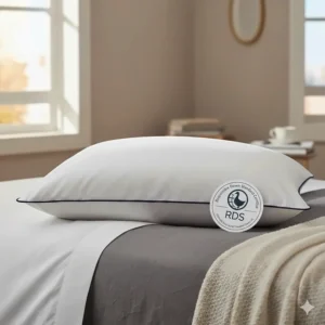 Graphic highlighting responsibly sourced and RDS certified Hungarian goose down for UK consumers.