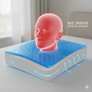 Illustration showing how gel-infused pillows conduct heat away from the head during warm summer nights.