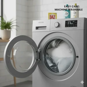 A practical illustration showing a microfibre pillow being laundered in a domestic washing machine, emphasising easy maintenance.