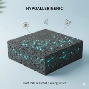 A close-up graphic highlighting the dust-mite-resistant and hypoallergenic properties of bamboo charcoal.
