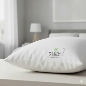 A clean, modern image of a microfibre pillow highlighting its hypoallergenic and anti-allergy properties for sensitive UK sleepers.