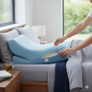 A removable, machine-washable hypoallergenic cover being zipped onto an anti-snoring pillow.