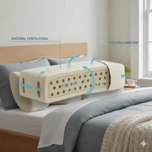 Diagram of a pincore latex pillow highlighting natural ventilation and cooling airflow for a comfortable night’s sleep.