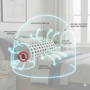 Diagram showing air circulation through a ventilated latex pillow to prevent overheating during the night.