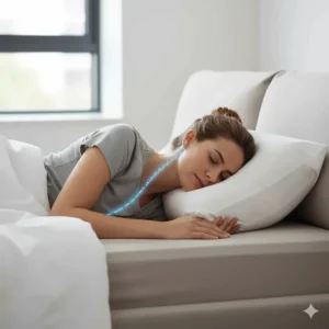 Illustration of a sleeper using a latex pillow to maintain correct spinal alignment and neck support.