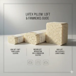 A guide showing various loft heights and firmness levels for natural latex pillows to suit different British sleeping preferences.