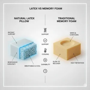Comparison chart showing the differences between responsive natural latex and traditional memory foam pillows.