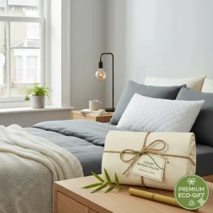 A rolled bamboo pillow in premium, eco-friendly packaging, ideal for a luxury gift.