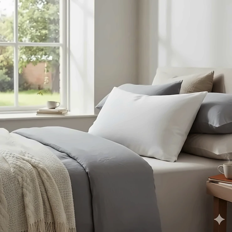 A plush, luxury down alternative pillow with a white cotton cover resting on a neatly made bed in a bright British bedroom. down alternative pillow