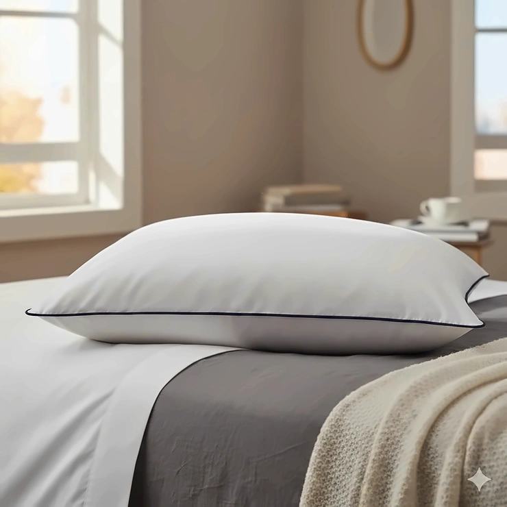 A luxurious Hungarian goose down pillow with a white cotton cambric cover, styled on a modern British bed. hungarian goose down pillow