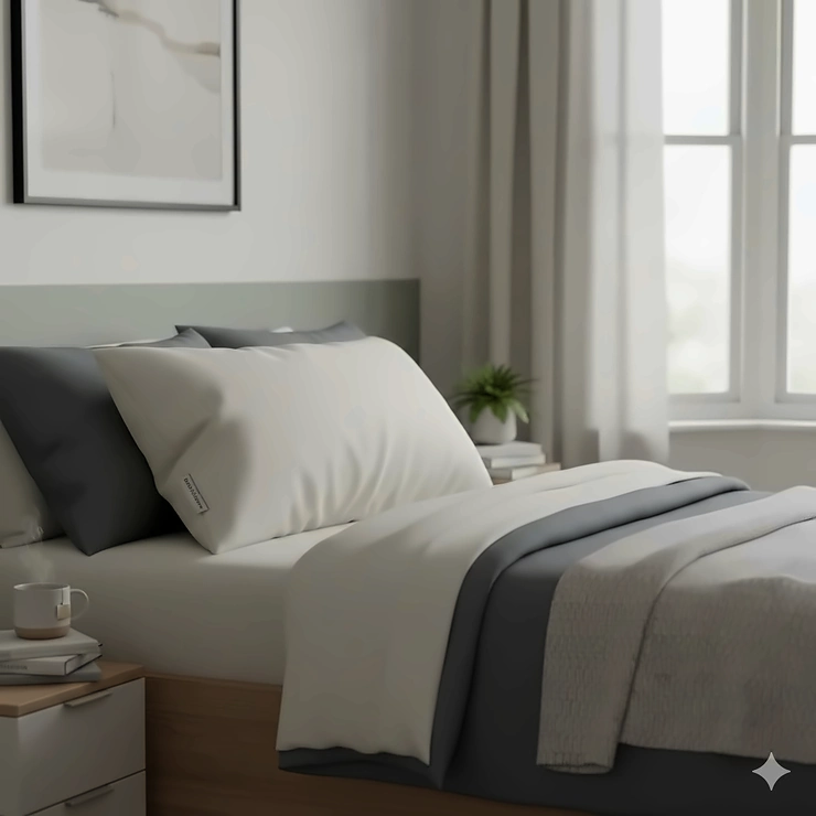 A luxury natural latex pillow with a breathable cotton cover on a stylishly made British bed with natural morning light. latex pillow