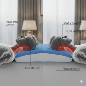 An orthopaedic gel pillow providing ergonomic neck support for back and side sleepers.