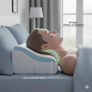 Close-up of a back sleeper resting on a memory foam pillow that cradles the neck and head.