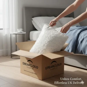 A rolled shredded memory foam pillow being unboxed, typical of UK bed-in-a-box sleep brands.