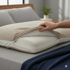 A hand removing a machine-washable bamboo charcoal cover from a memory foam pillow.