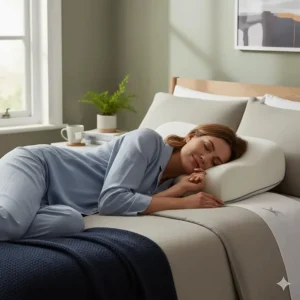 A person sleeping on their side using a high-loft memory foam pillow for neck alignment.