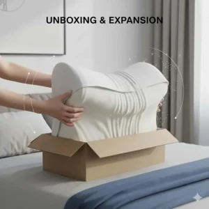 Illustration of a compressed memory foam pillow expanding after being removed from its delivery box.