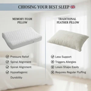 A comparison chart showing the benefits of memory foam versus traditional feather pillows for UK sleepers.
