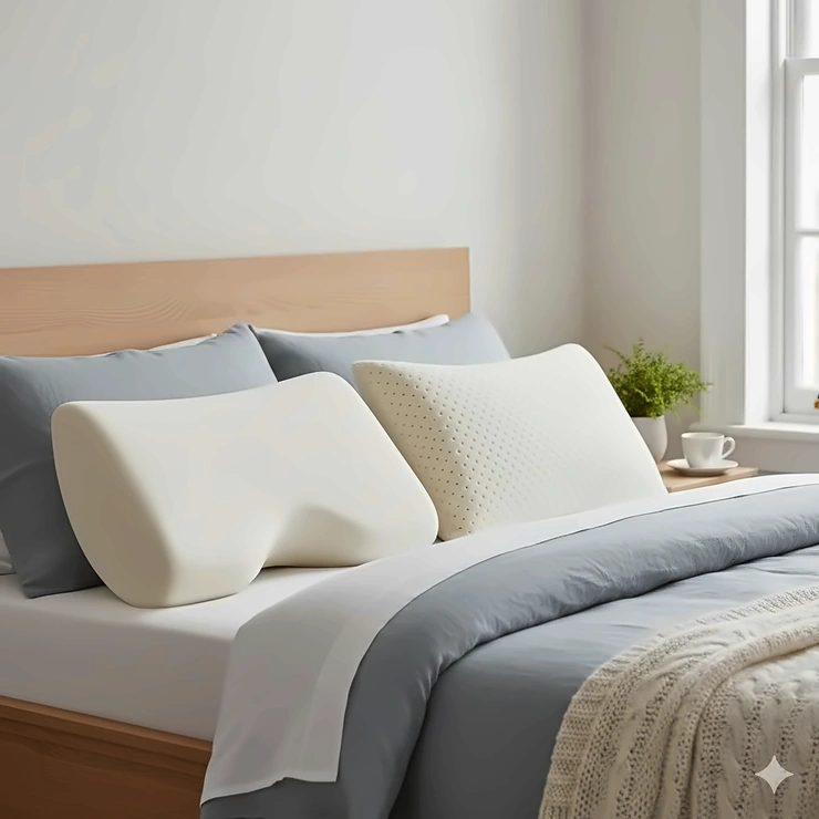 A side-by-side comparison of a contoured memory foam pillow and a natural latex pillow on a modern British bed. memory foam vs latex pillow