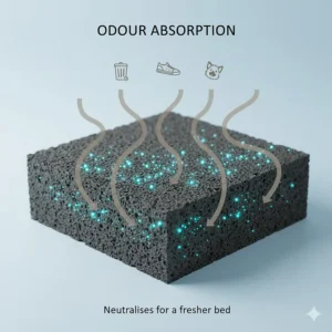 Illustration of charcoal particles trapping and neutralising common household odours for a fresher bed.