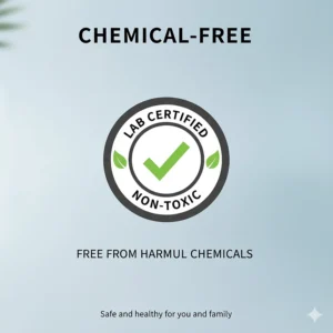 A badge-style illustration certifying the pillow as free from harmful chemicals and toxins.
