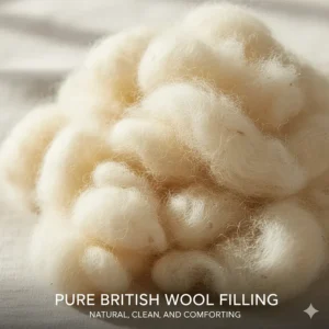 Close-up illustration of natural, cleaned British wool fibres used as pillow filling.