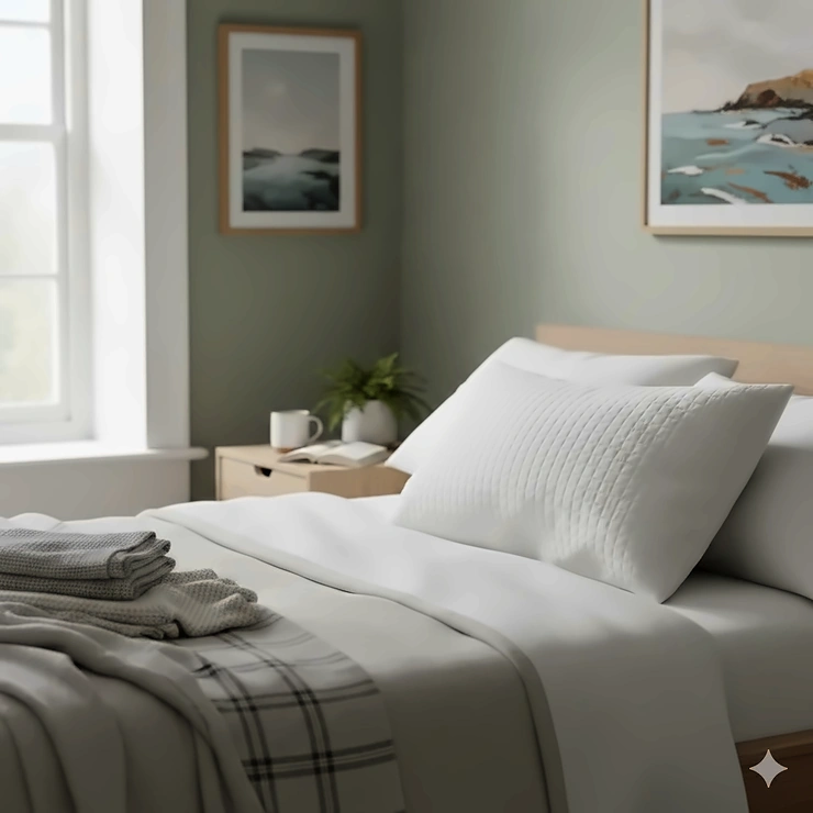 A premium organic buckwheat pillow with a white quilted cotton cover resting on a bed in a modern British home.