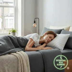 A side-profile view of a person sleeping, showing how the bamboo pillow supports correct spinal alignment.