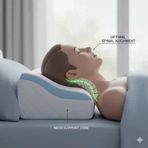 Illustration showing how a top-rated memory foam pillow aligns the spine and neck for a better night's sleep.