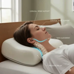 Diagram showing how an orthopaedic memory foam pillow supports the cervical spine and neck.