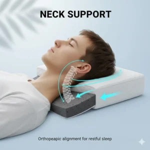 Illustration of a bamboo charcoal memory foam pillow providing orthopaedic neck and spine alignment.