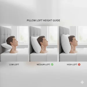 Visual guide comparing low, medium, and high pillow lofts to help UK back sleepers find the correct height.