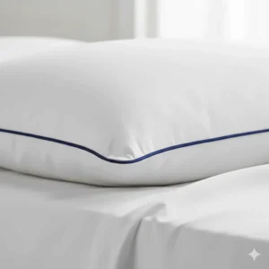 Detailed illustration of a double-stitched piped edge on a luxury down pillow to prevent feathers leaking.