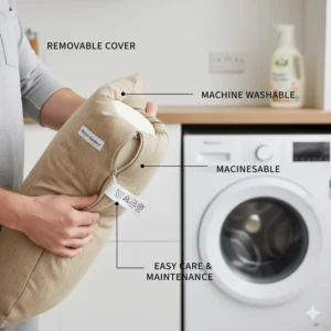 A person removing a machine-washable bamboo pillow cover, demonstrating ease of maintenance.