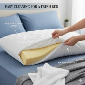 A person removing a zipped, machine-washable cover from a memory foam pillow for easy maintenance.