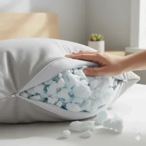 Close-up of high-quality shredded memory foam pieces inside an adjustable pillow casing.