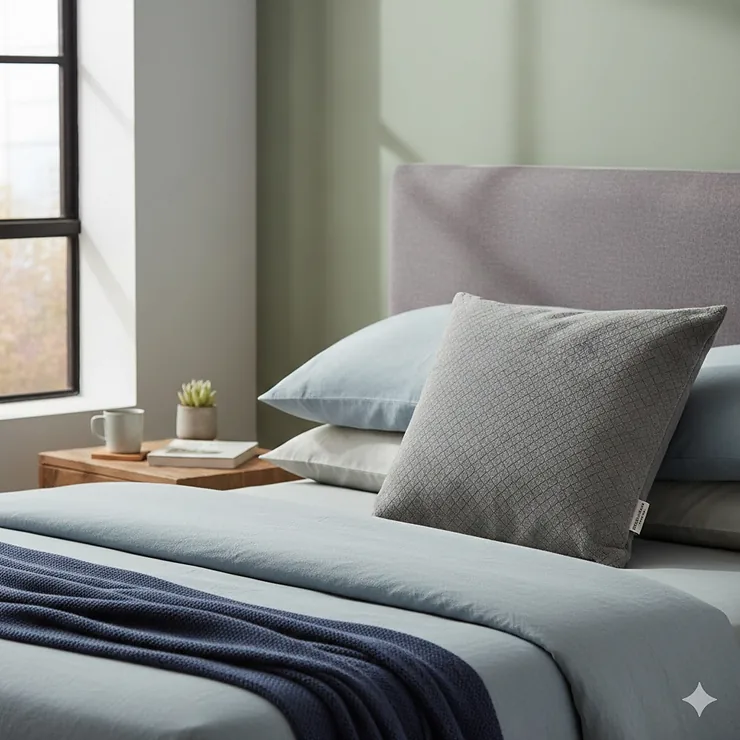 A premium shredded memory foam pillow adjustable for firmness, styled on a modern bed with grey linen in a British home. shredded memory foam pillow adjustable