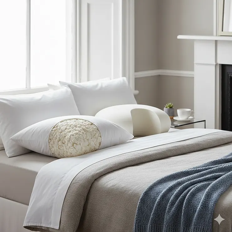 A comparison of a shredded memory foam pillow and a solid memory foam block pillow on a bed with British bedding. shredded pillow vs solid memory foam