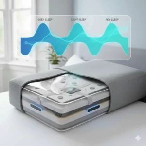 A data visualisation overlay showing deep, light, and REM sleep cycles as tracked by the smart pillow technology.