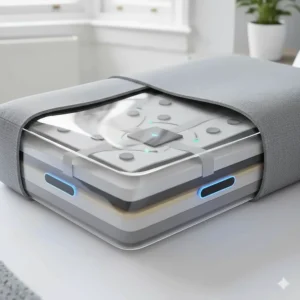 Detailed cutaway illustration of a sleep tracking pillow showing integrated electronic sensors and internal circuitry for data collection.
