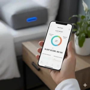 A hand holding a smartphone displaying a comprehensive sleep report and quality score synced from a smart sleep tracking pillow.