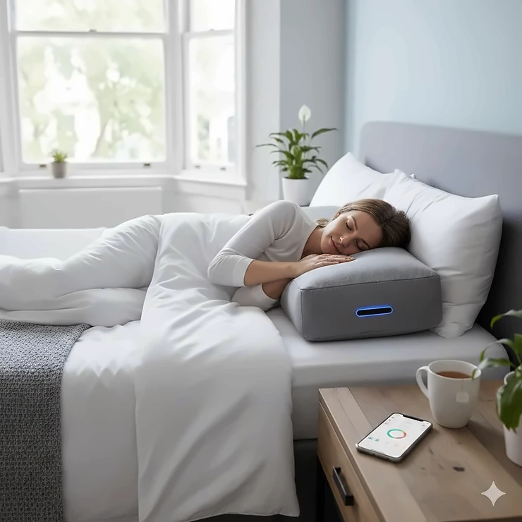 A person sleeping comfortably on a smart sleep tracking pillow in a modern British bedroom with a mug of tea on the bedside table. sleep tracking pillow
