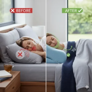 Comparison graphic showing the difference in throat clearance when using a standard pillow versus an anti-snoring pillow.