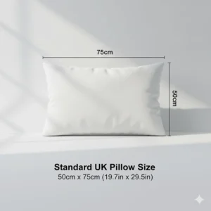 Diagram highlighting standard UK pillow dimensions of 50cm by 75cm for a perfect fit in British bedding.
