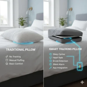 A side-by-side comparison of a traditional white pillow versus a smart sleep tracking pillow with a list of advanced features.