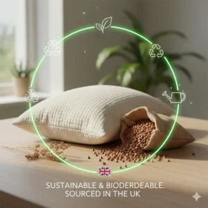 Graphic highlighting the biodegradable and sustainable materials of a British-sourced buckwheat pillow.