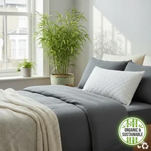 Graphic highlighting the eco-friendly and sustainable growth of organic bamboo used in UK bedding.