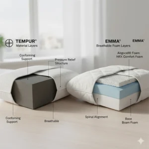 Cross-section diagram comparing Tempur’s high-density visco-elastic material with Emma’s breathable Airgocell foam layers for superior neck support.