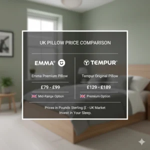 A table showing the price difference in Pounds Sterling between the premium Tempur range and the more affordable Emma pillow options.